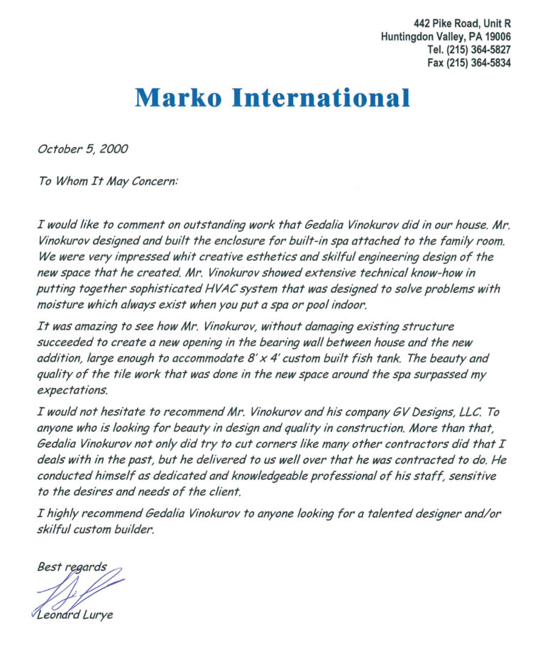 REFERENCE FROM MARKO INTERNATIONAL